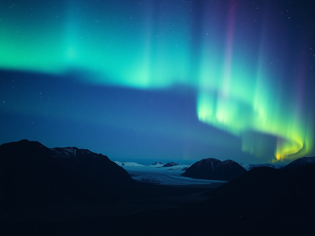Aurora boreal verdosa reflejada sobre un lago con rocas, montañas y nieve