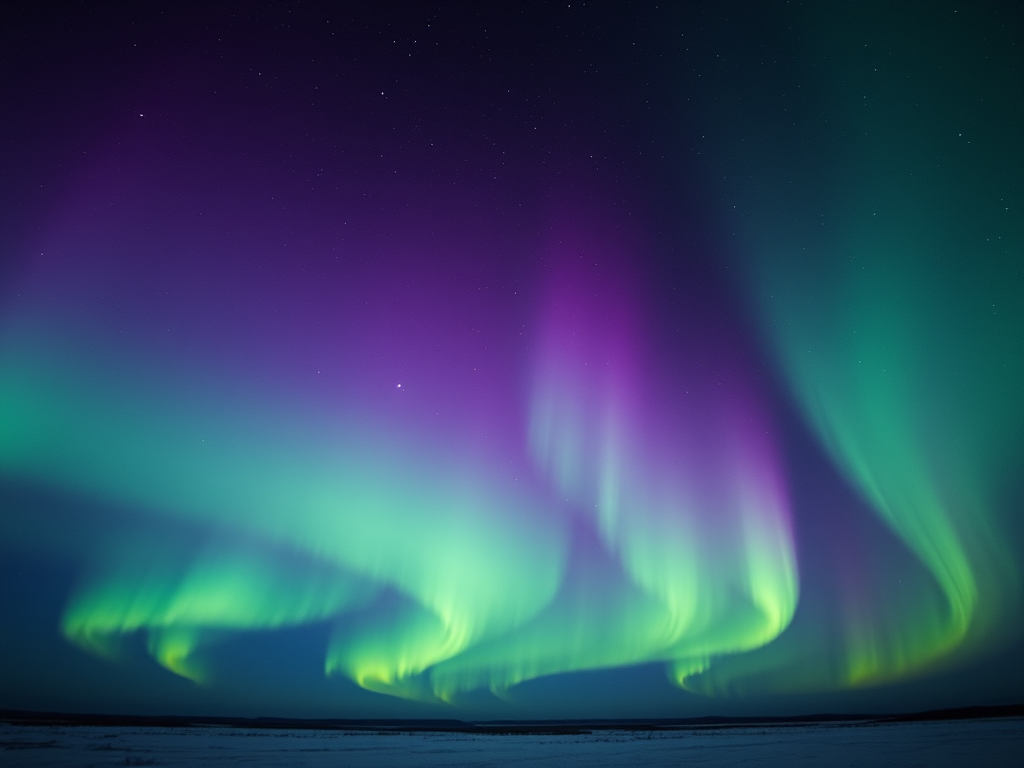 Cielo nocturno con auroras boreales verdes y violetas sobre un paisaje nevado