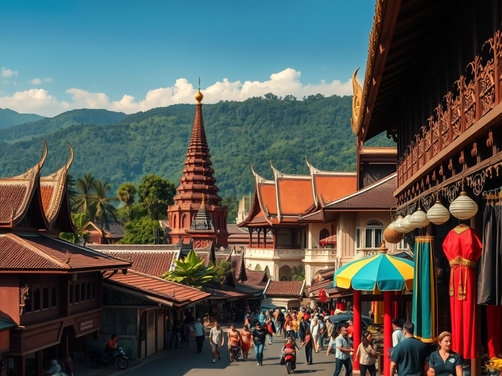 Barrio tradicional tailandés con casas típicas, templos budistas y naturaleza de fondo