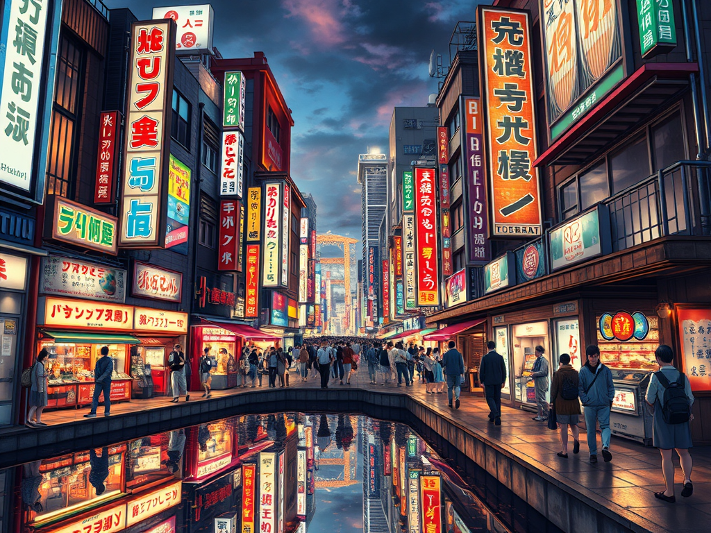 Calles de Osaka, Japón, de noche con neones, gente caminando y un pequeño lago artificial