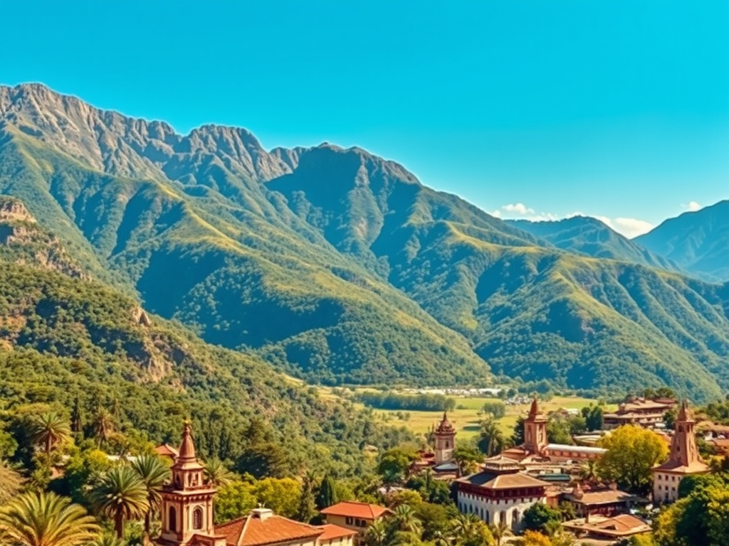 Poblado en América del Sur rodeado de un valle con grandes montañas y vegetación frondosa