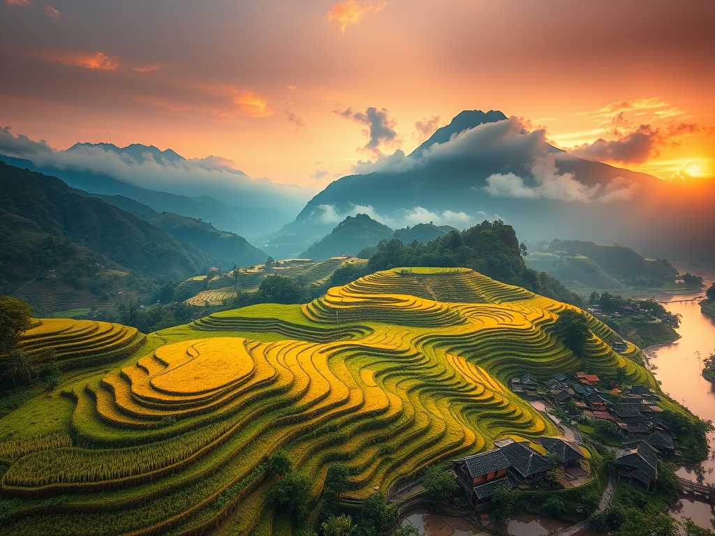 Paisaje de Asia con arrozales en terrazas, montañas y nubes