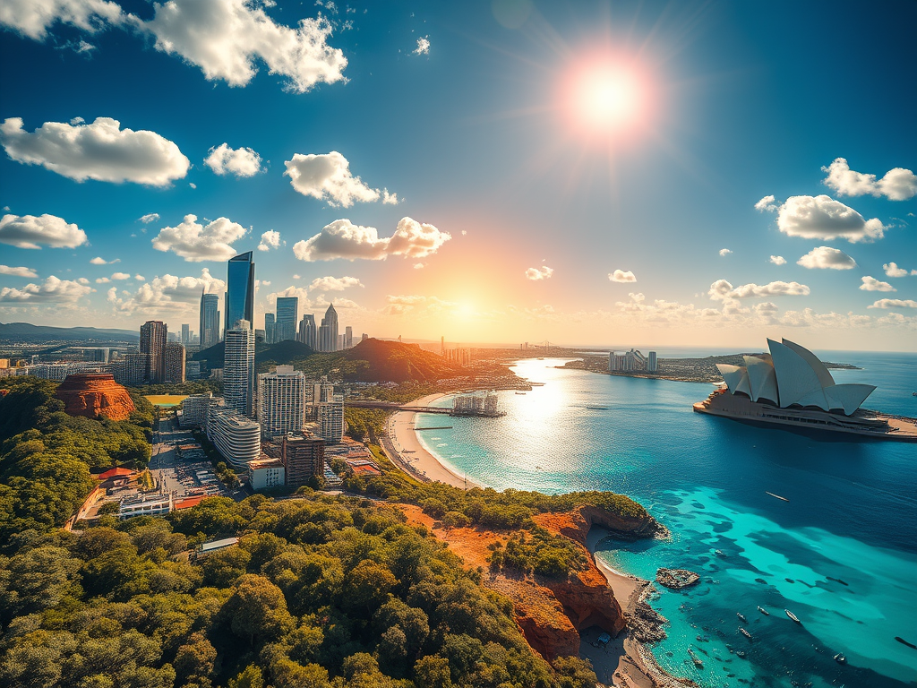 Costa de Oceanía con la Ópera de Sídney, vegetación y edificios urbanos