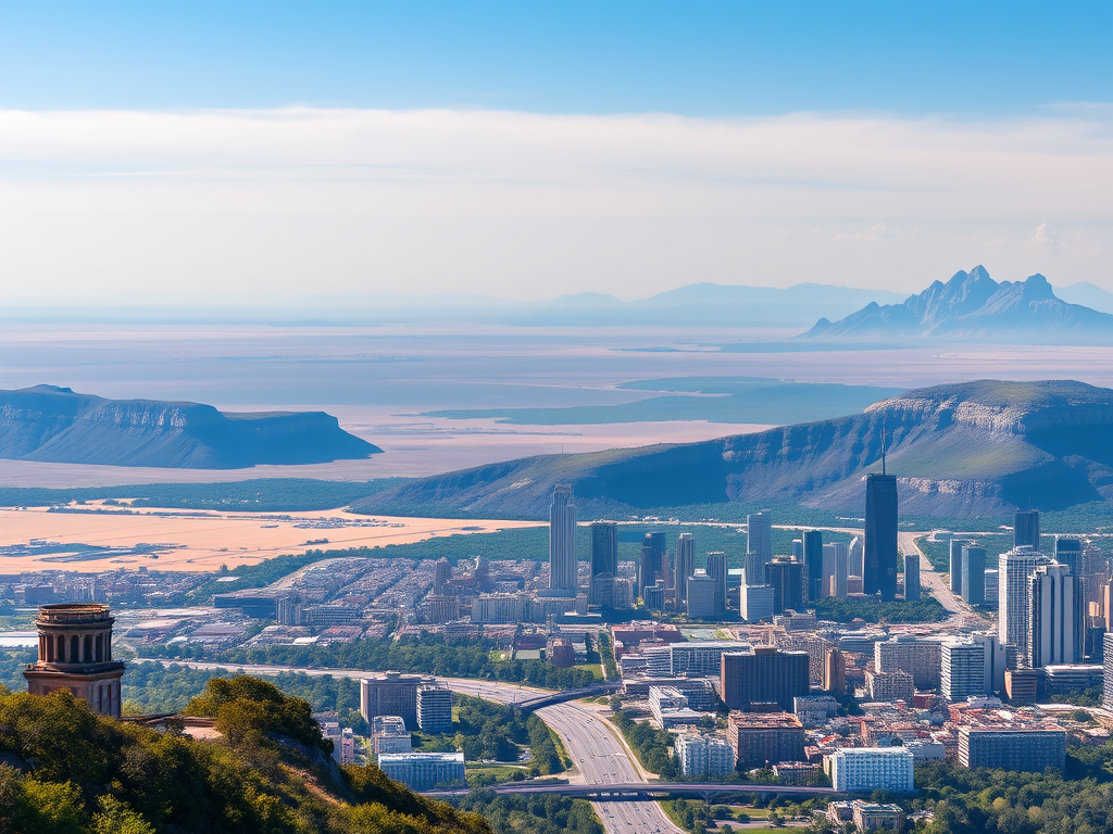 Paisaje de América del Norte con ciudades y montañas áridas de fondo