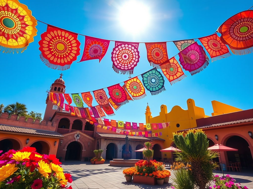 Plaza tradicional mexicana decorada con banderillas de colores, cactus y ambiente festivo