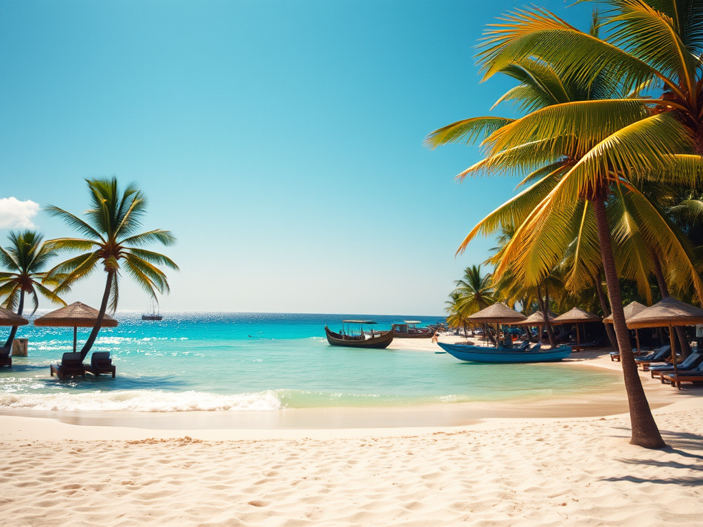 Playa de México con palmeras y una barca en la orilla, paisaje tropical
