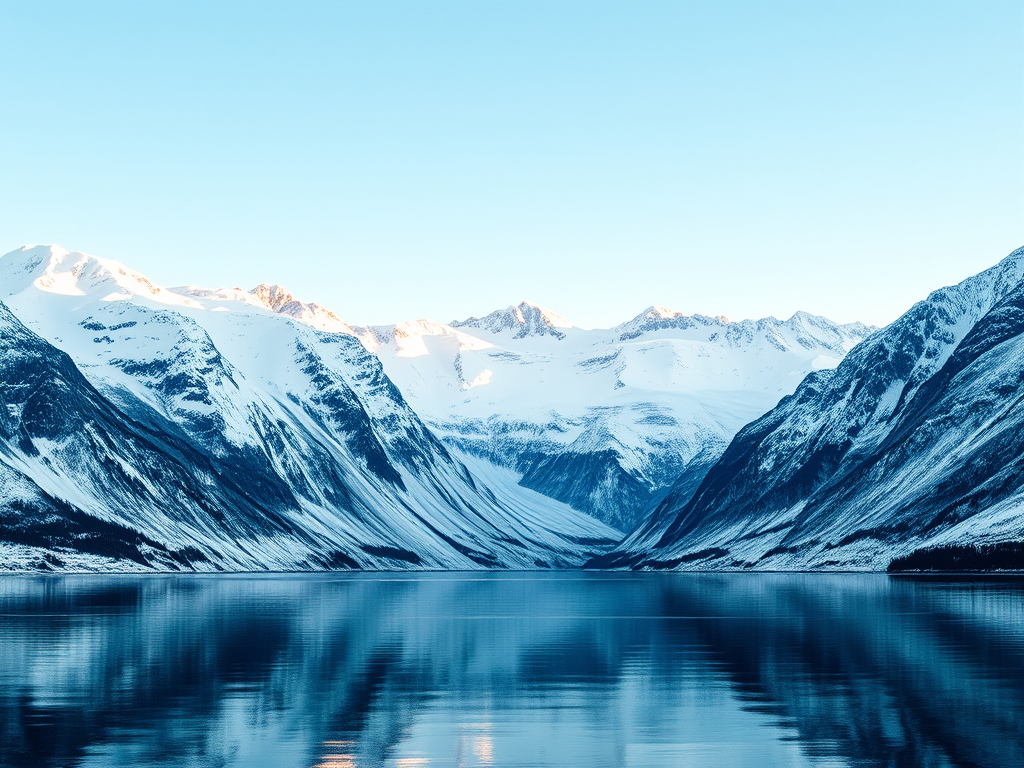 Fiordos nevados y mar en Europa, paisaje natural impresionante